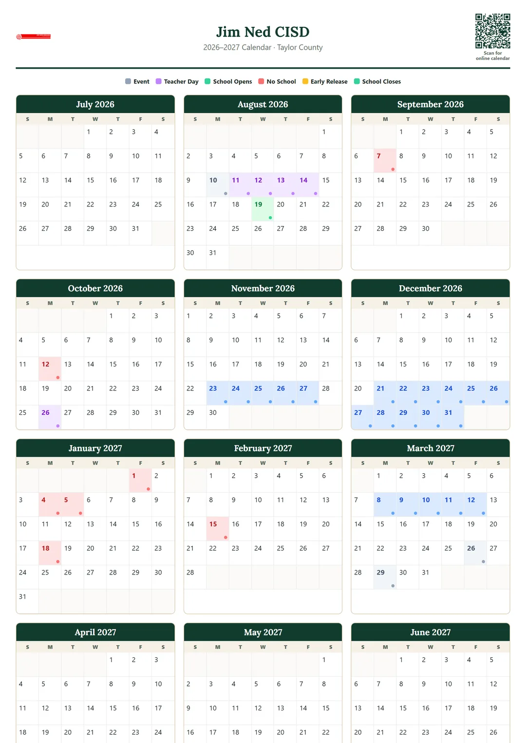 Jim Ned CISD printable 2026–2027 calendar