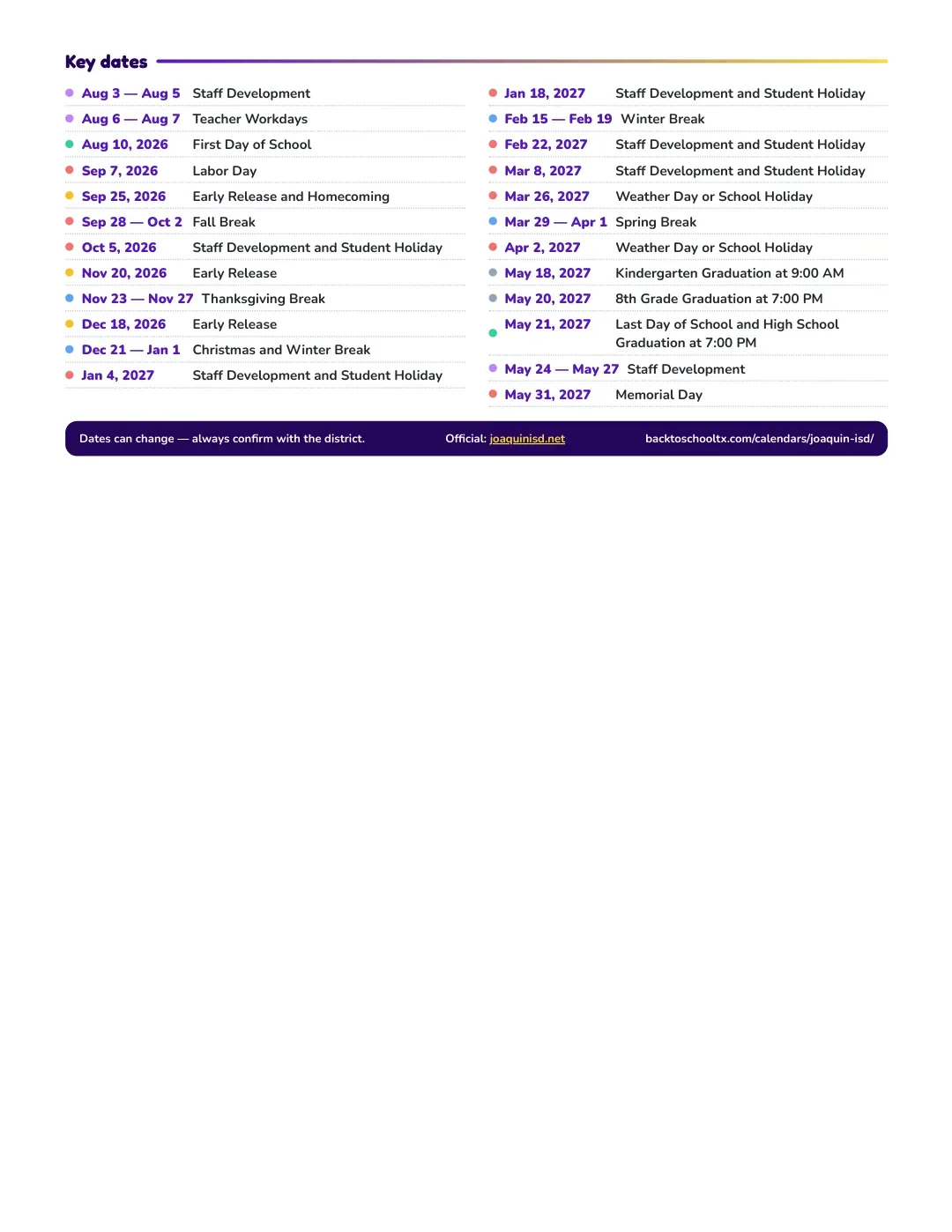 Joaquin ISD Calendar for the Year 26-27 — key dates