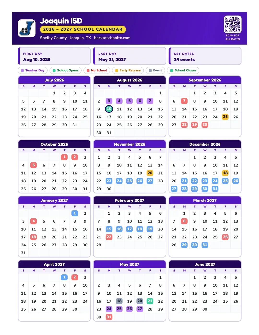 Joaquin ISD Calendar for the Year 26-27