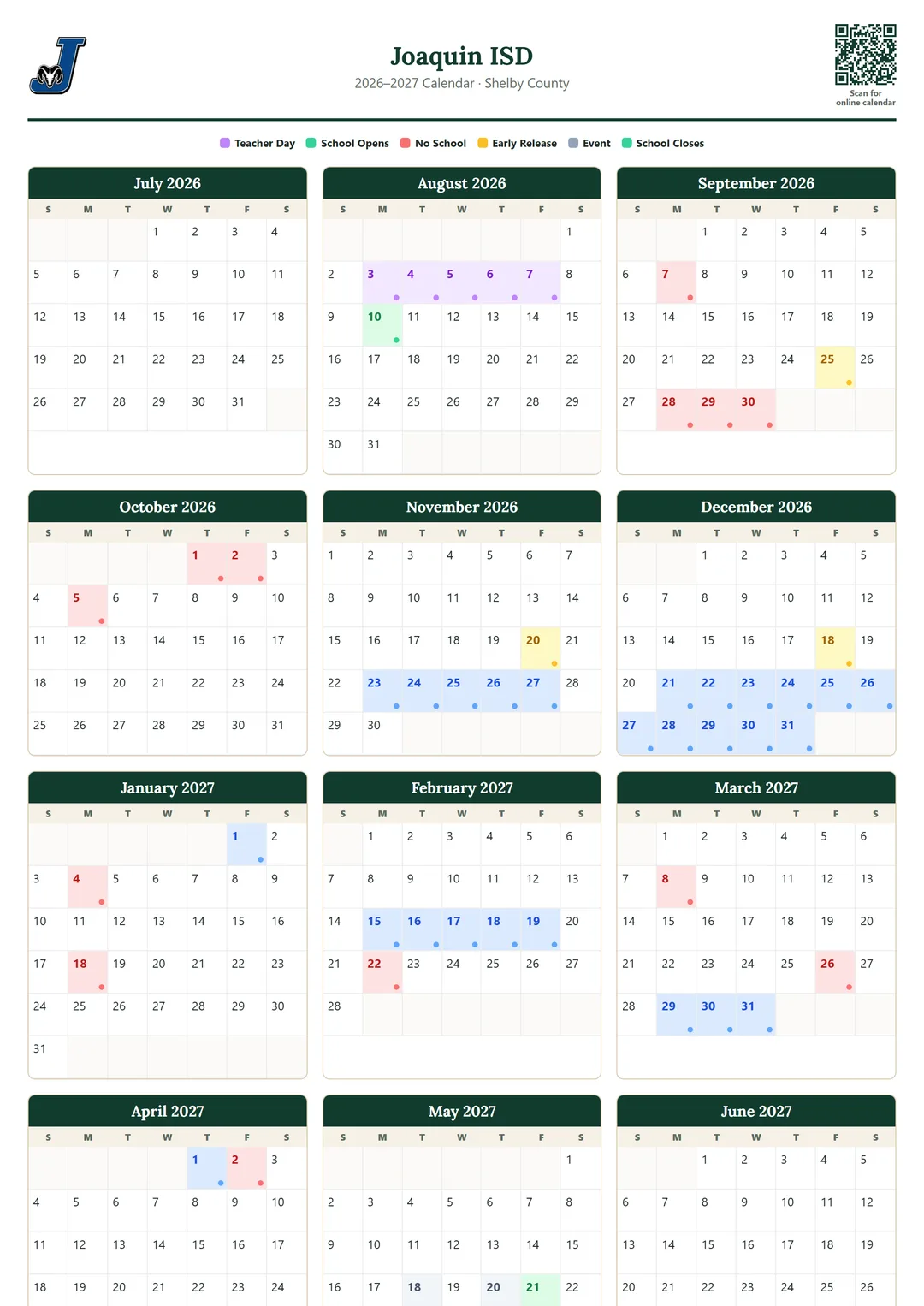 Joaquin ISD printable 2026–2027 calendar