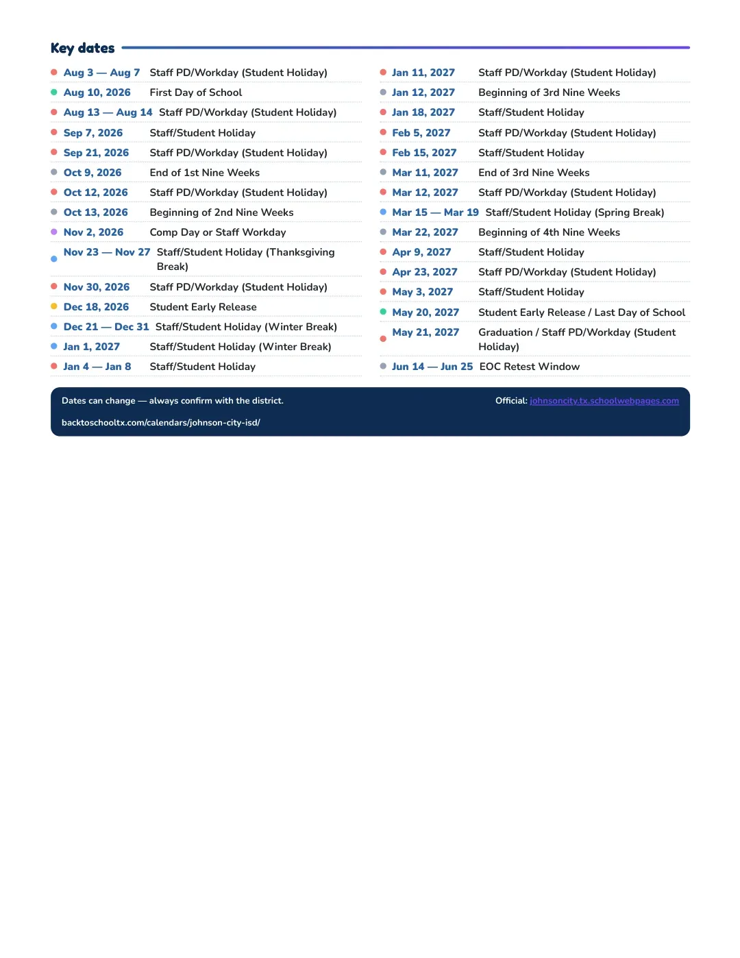 Johnson City ISD Calendar for the Year 26-27 — key dates