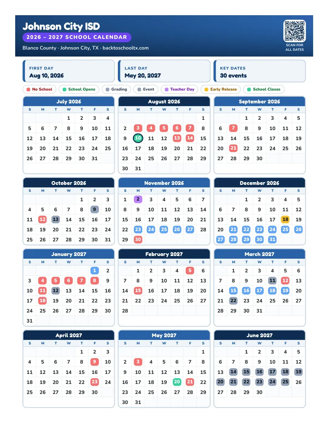 Johnson City ISD Calendar for the Year 26-27
