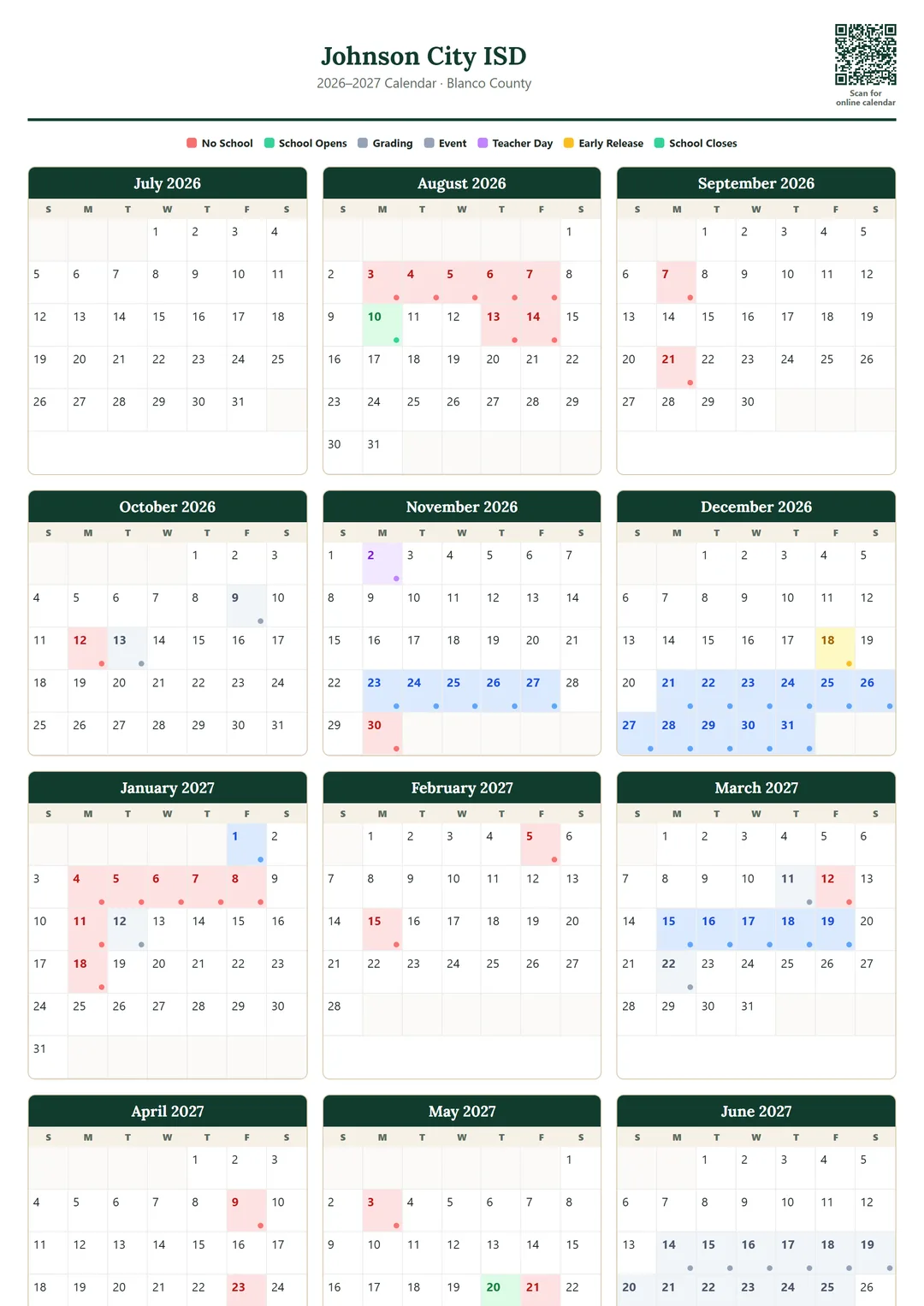 Johnson City ISD printable 2026–2027 calendar