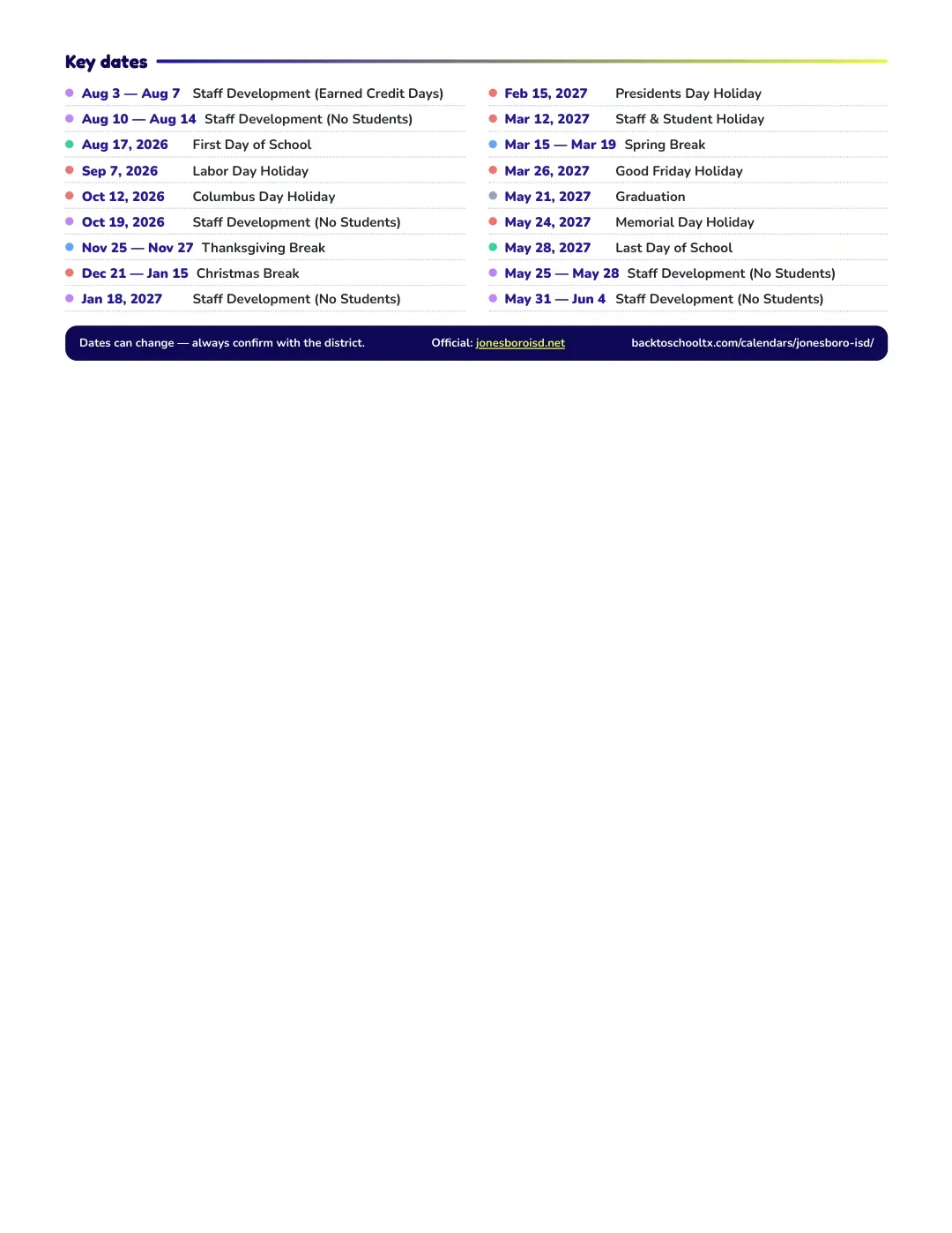 Jonesboro ISD Calendar for the Year 26-27 — key dates