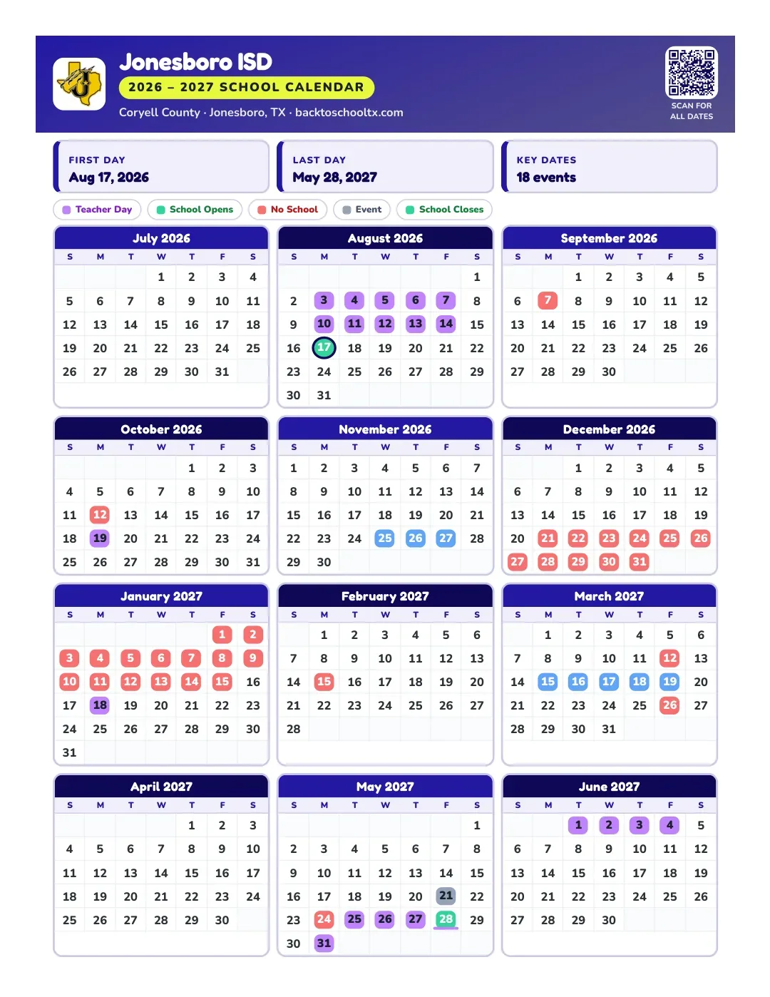 Jonesboro ISD Calendar for the Year 26-27