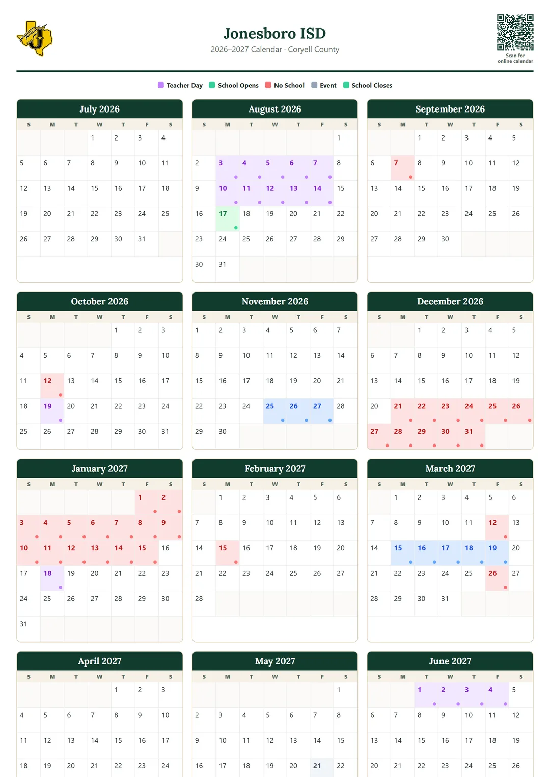 Jonesboro ISD printable 2026–2027 calendar