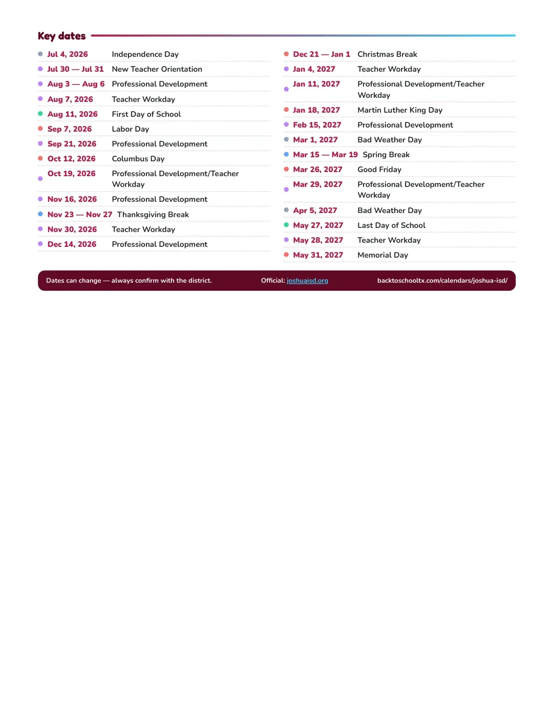 Joshua ISD Calendar for the Year 26-27 — key dates