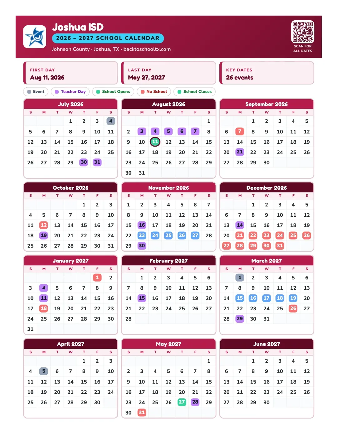 Joshua ISD Calendar for the Year 26-27