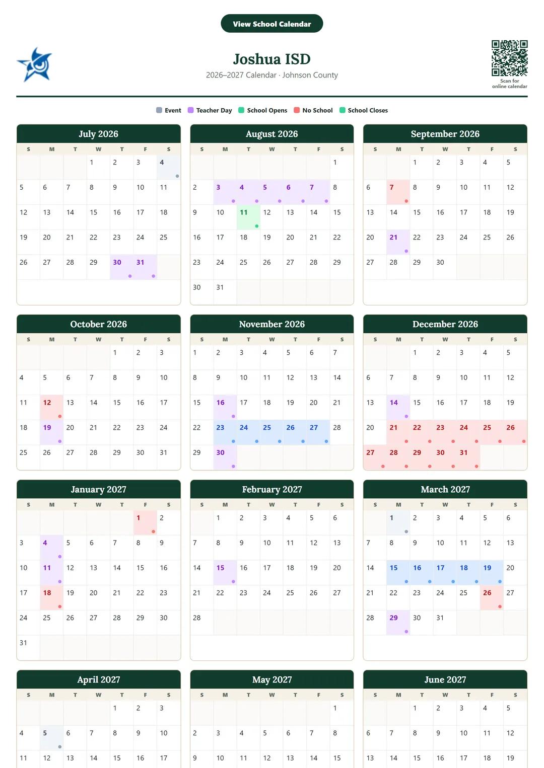 Joshua ISD printable 2026–2027 calendar