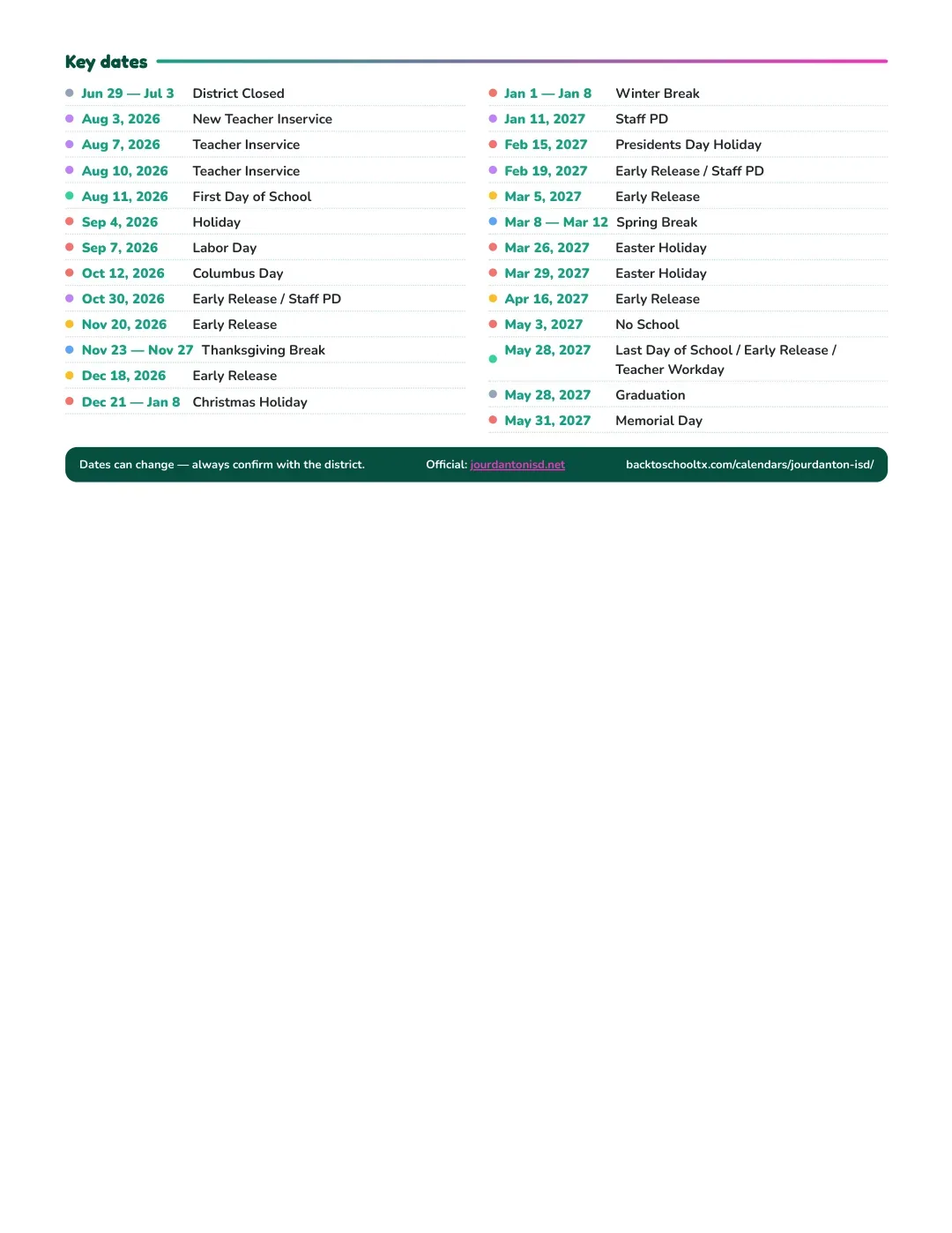 Jourdanton ISD Calendar for the Year 26-27 — key dates