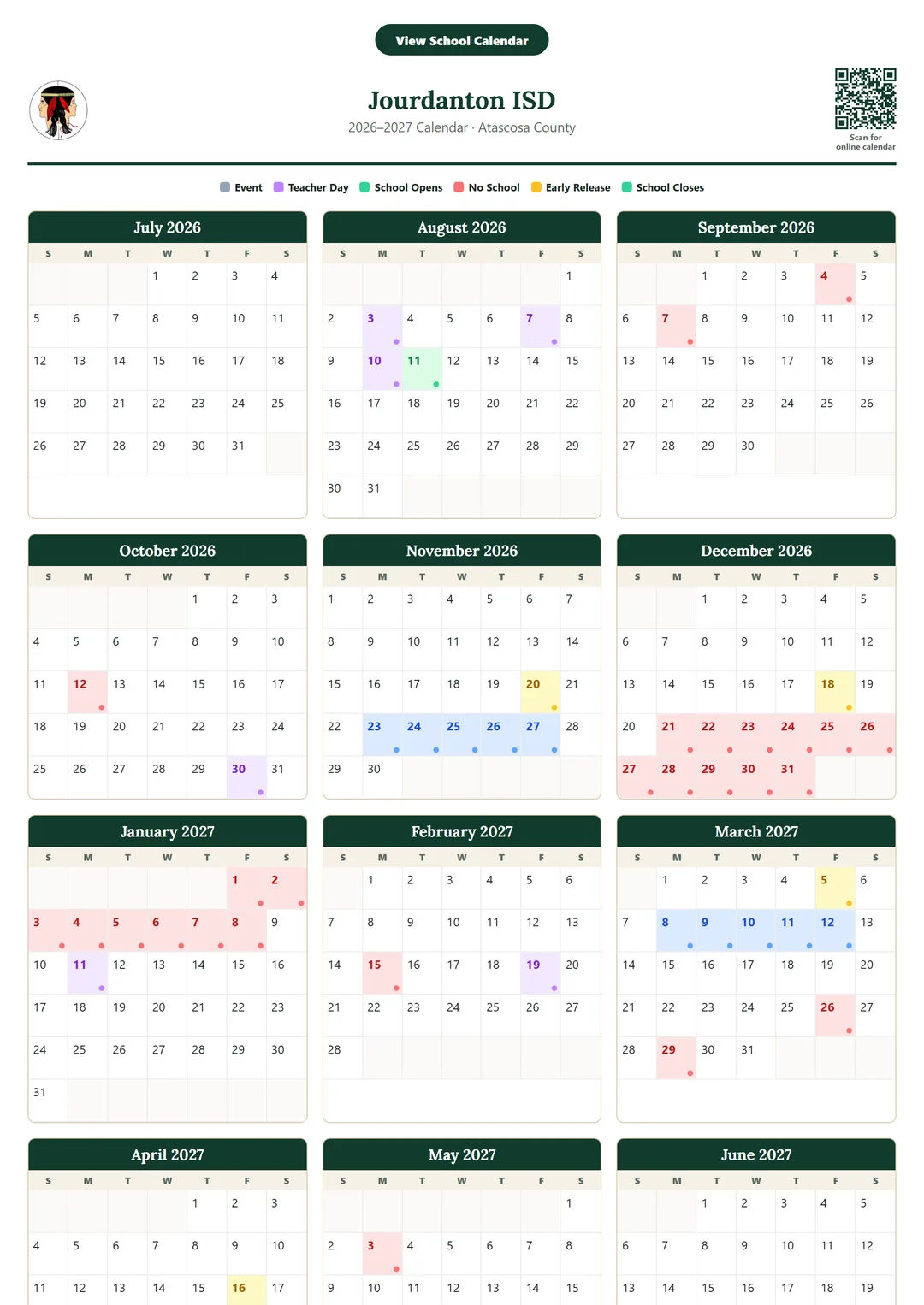 Jourdanton ISD printable 2026–2027 calendar