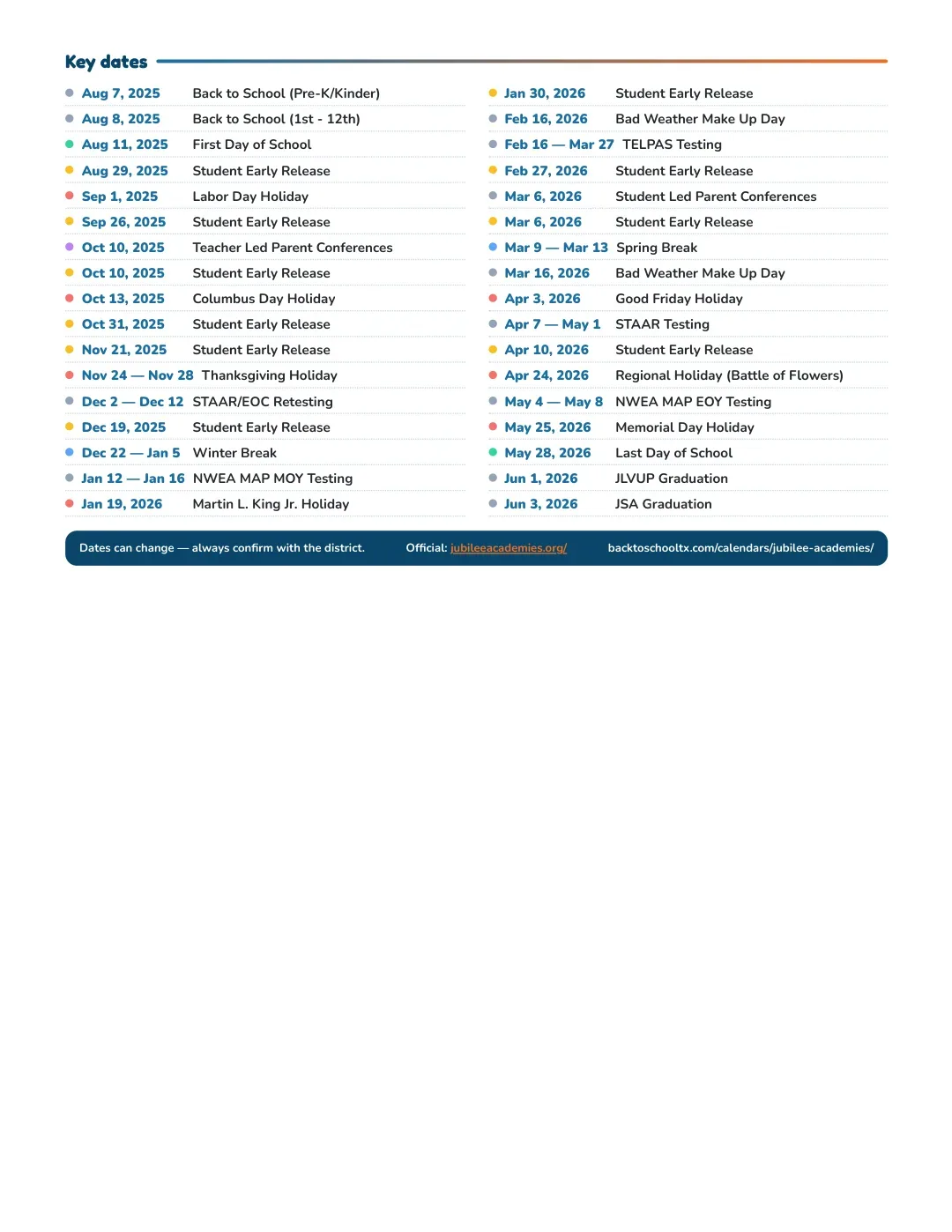 Jubilee Academies Calendar for the Year 26-27 — key dates