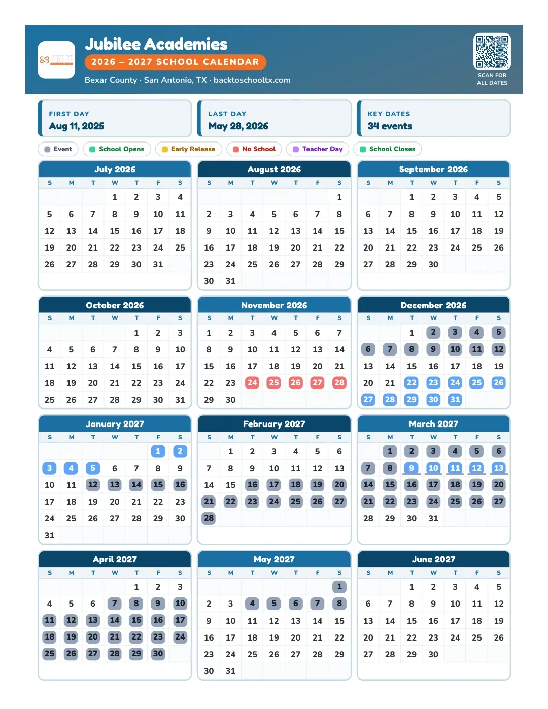 Jubilee Academies Calendar for the Year 26-27