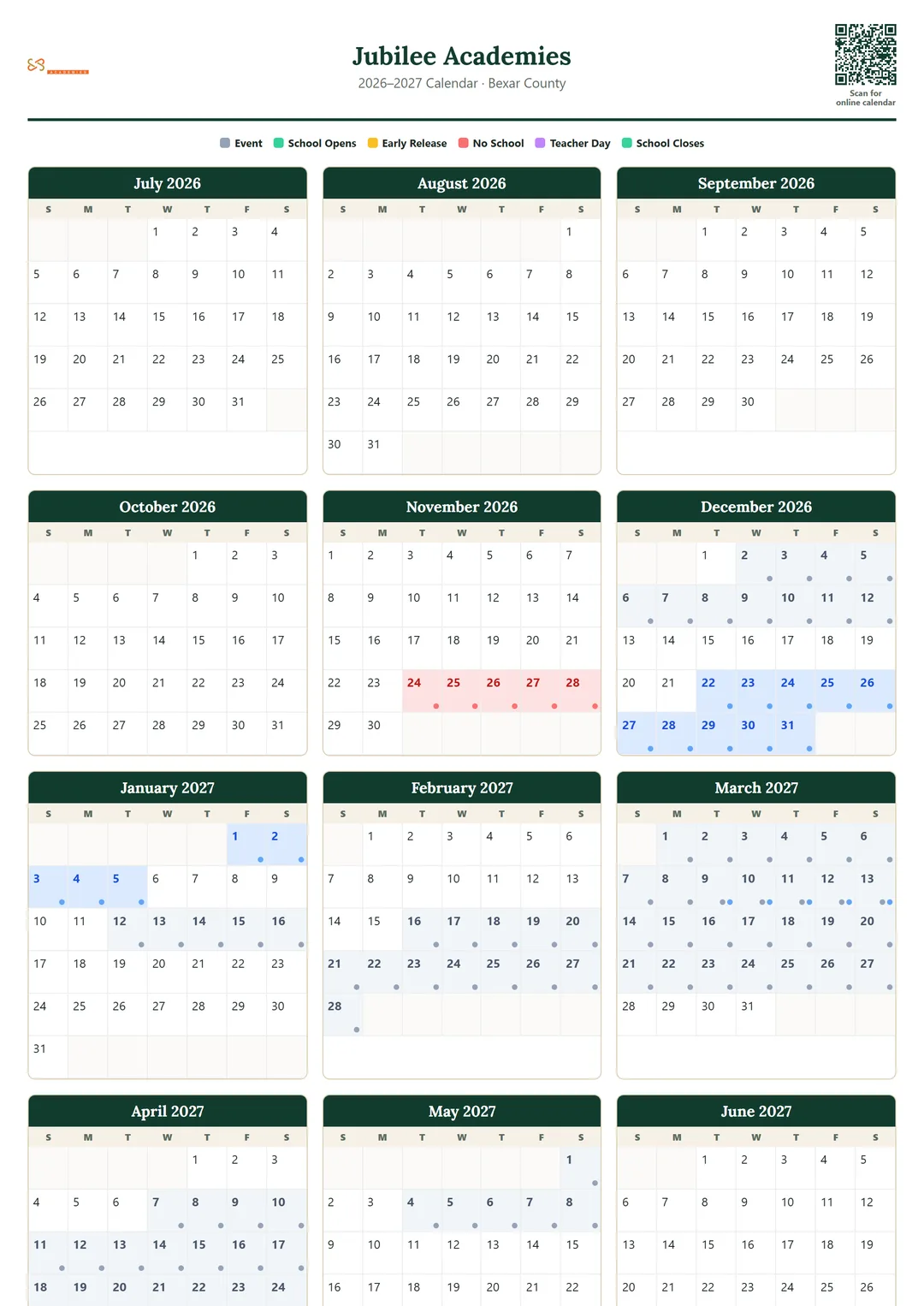 Jubilee Academies printable 2026–2027 calendar