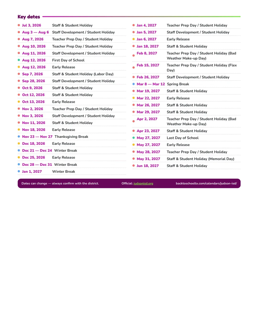 Judson ISD Calendar for the Year 26-27 — key dates