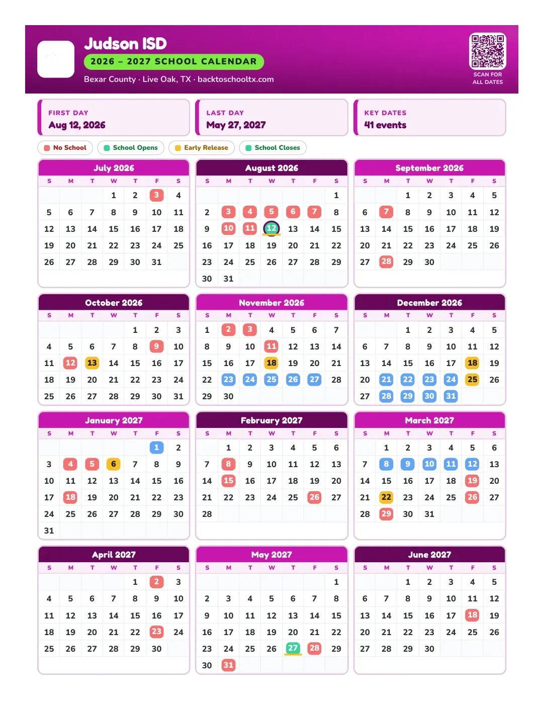 Judson ISD Calendar for the Year 26-27