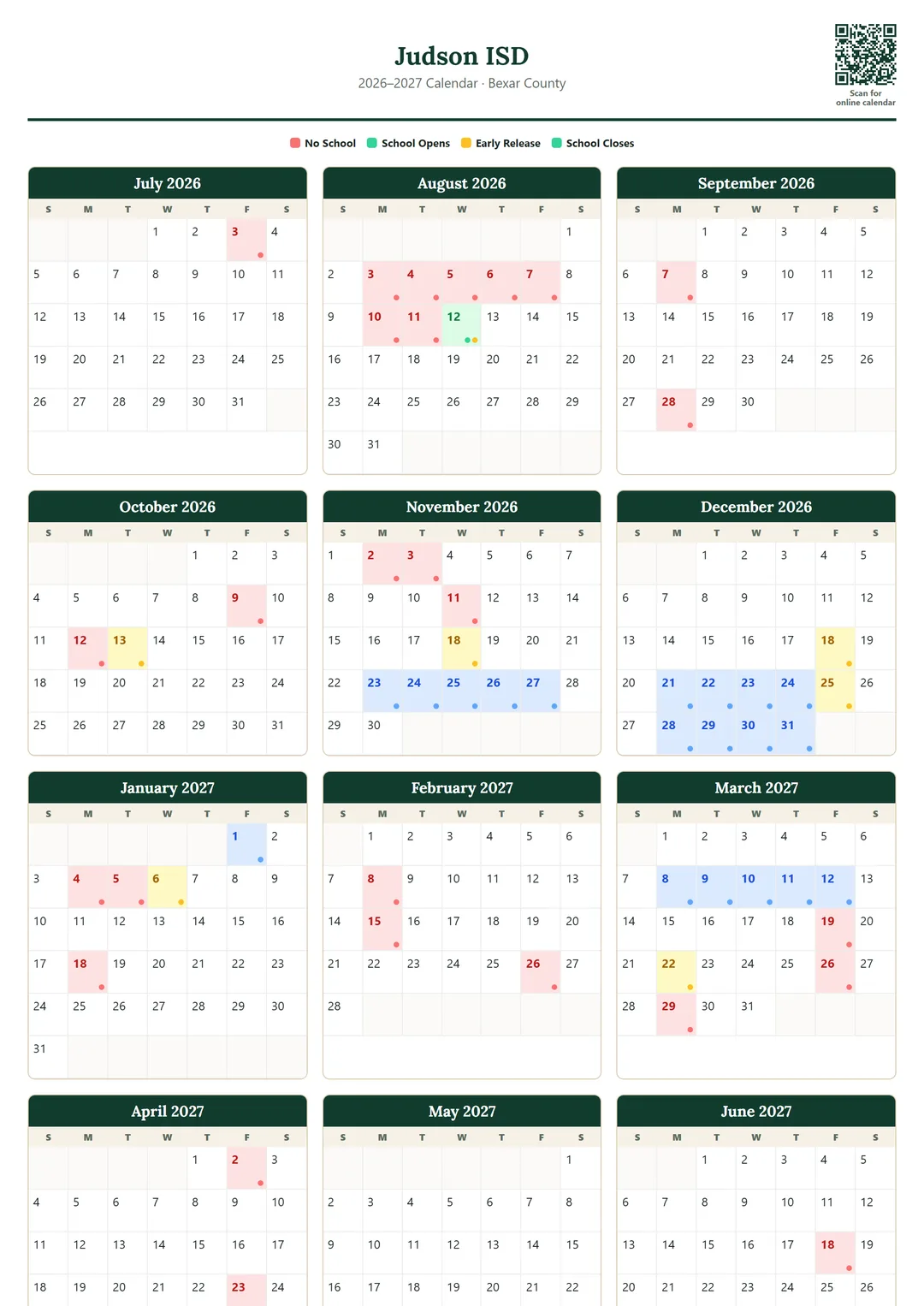 Judson ISD printable 2026–2027 calendar