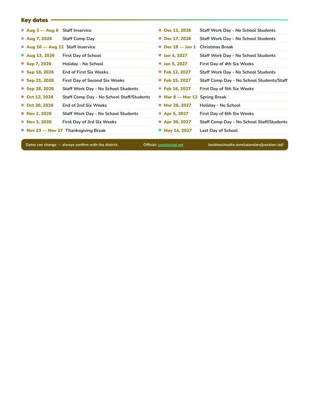 Junction ISD Calendar for the Year 26-27 — key dates