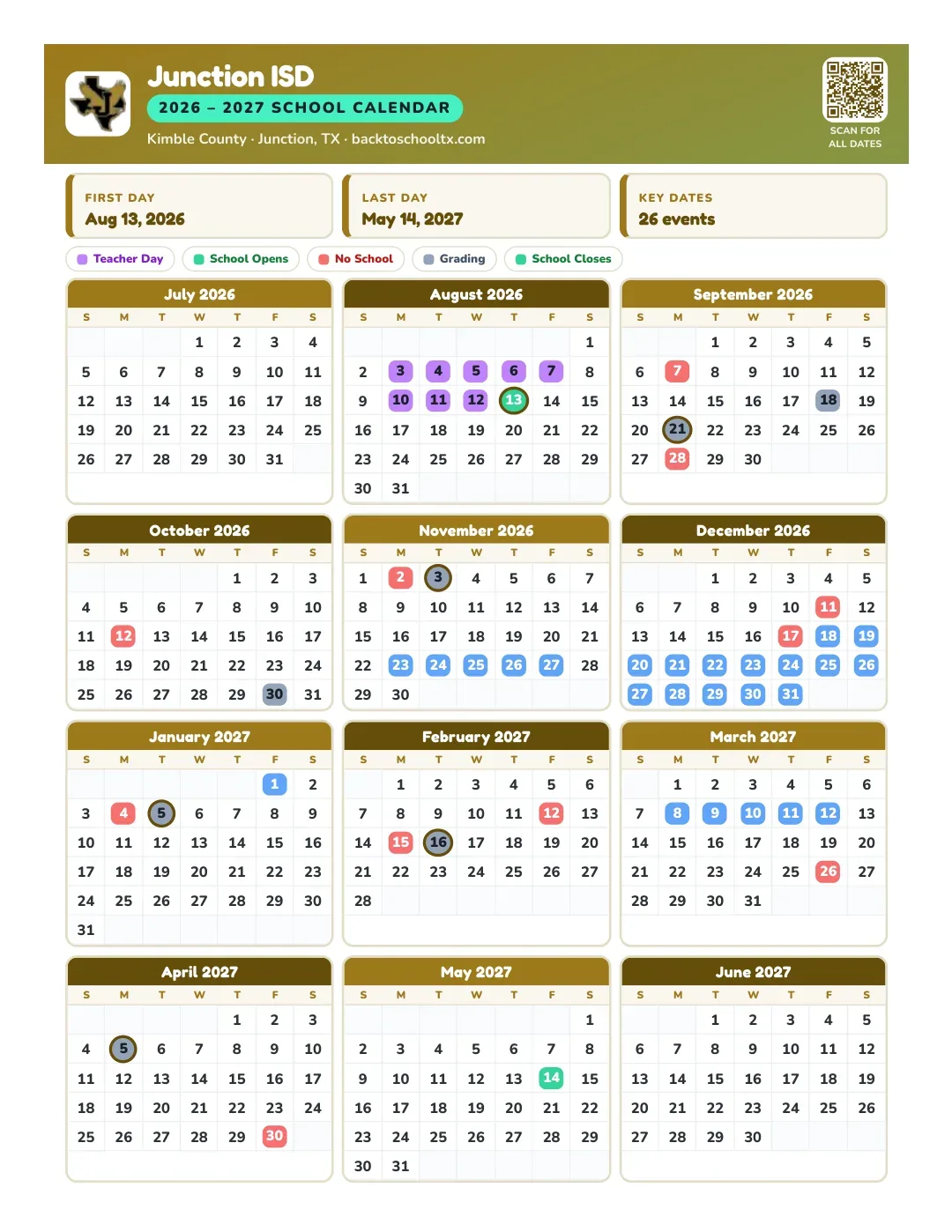 Junction ISD Calendar for the Year 26-27