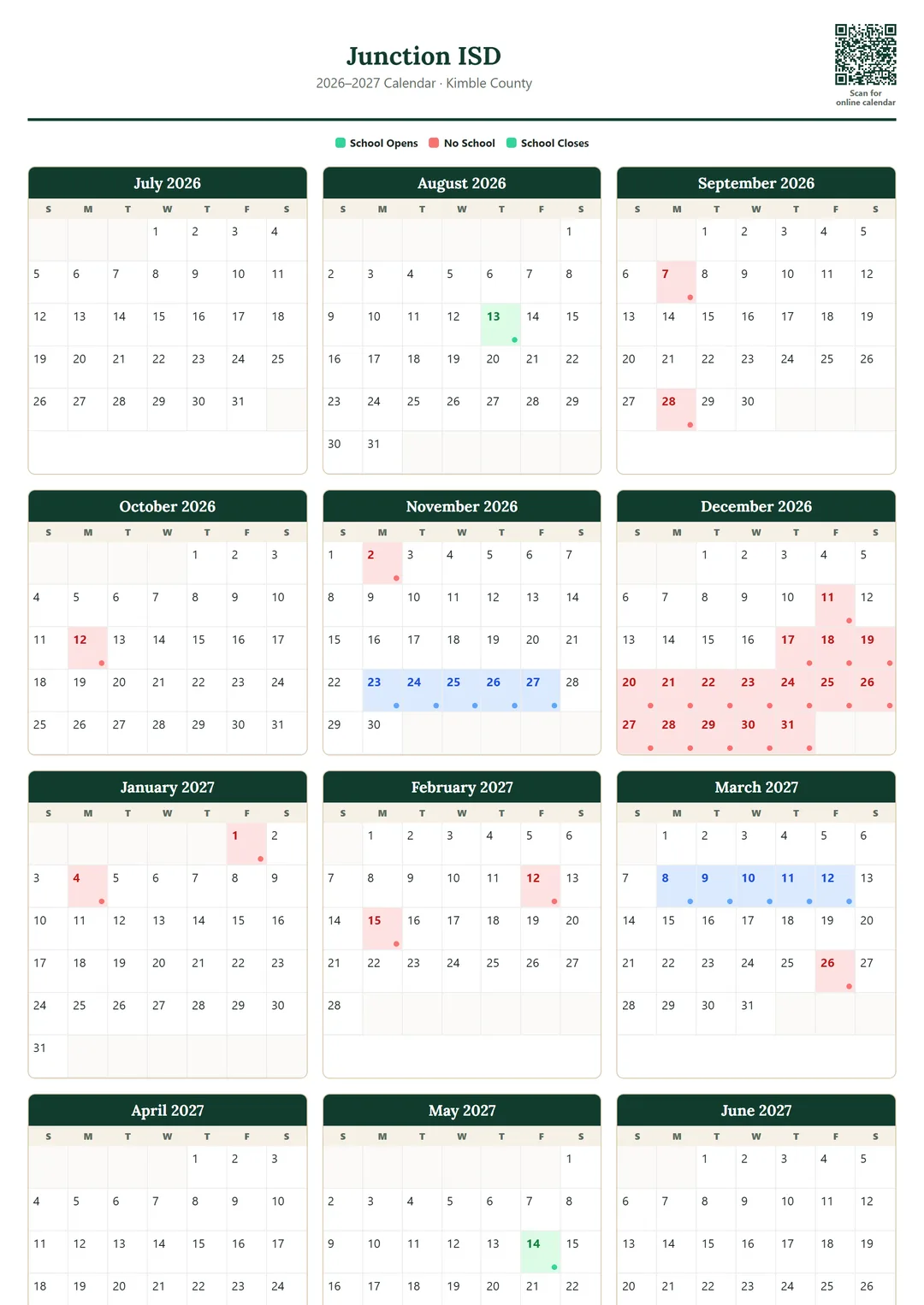 Junction ISD printable 2026–2027 calendar