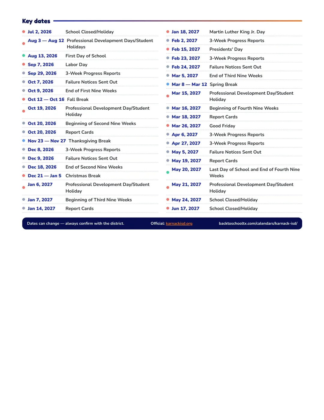 Karnack ISD Calendar for the Year 26-27 — key dates