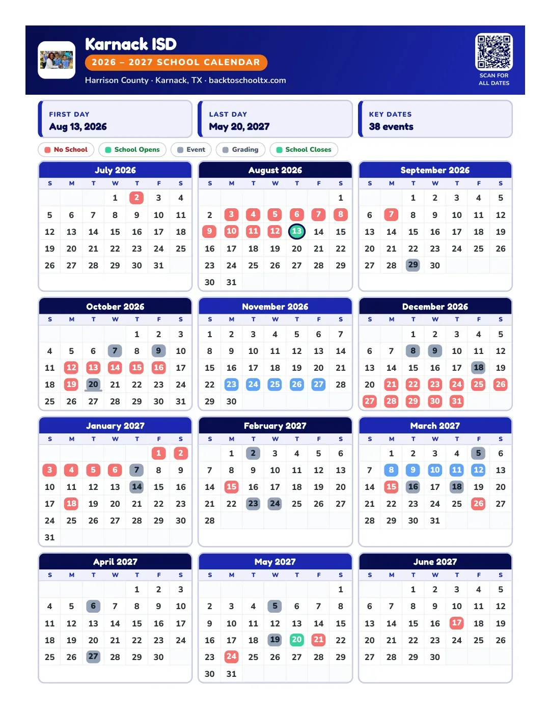 Karnack ISD Calendar for the Year 26-27