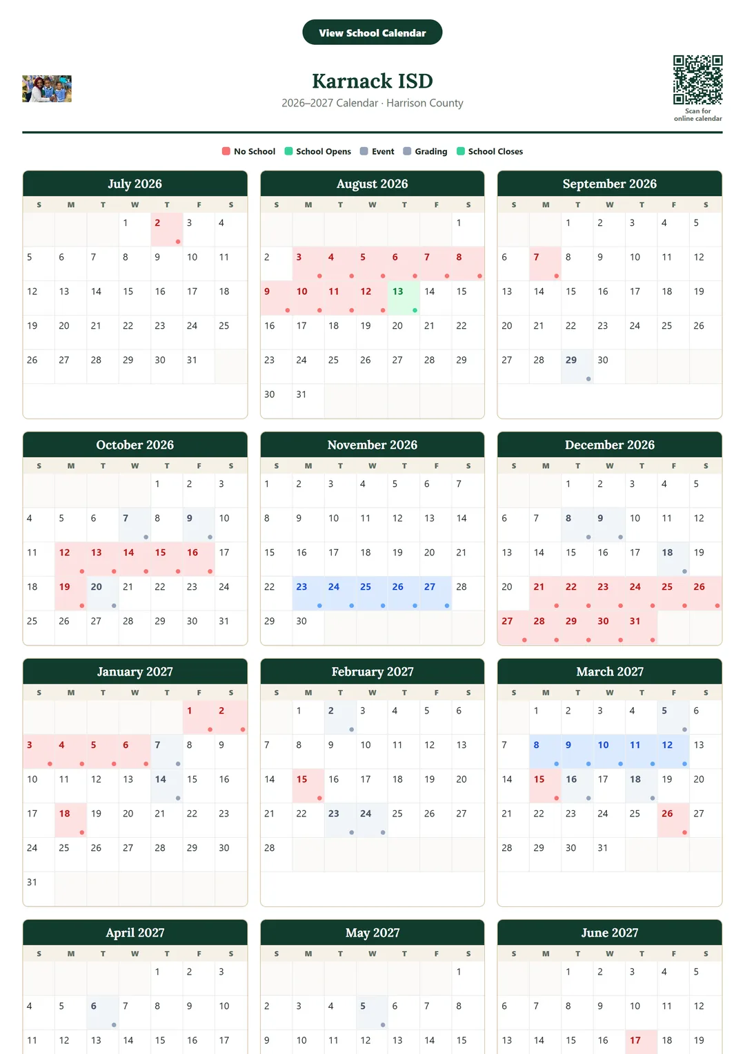 Karnack ISD printable 2026–2027 calendar
