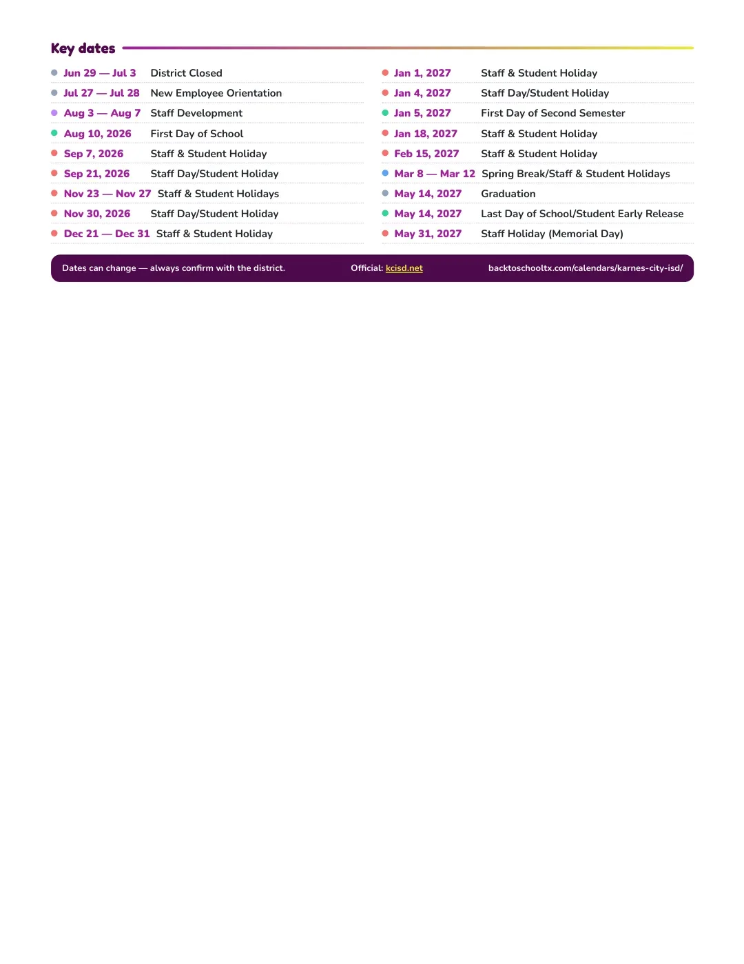 Karnes City ISD Calendar for the Year 26-27 — key dates