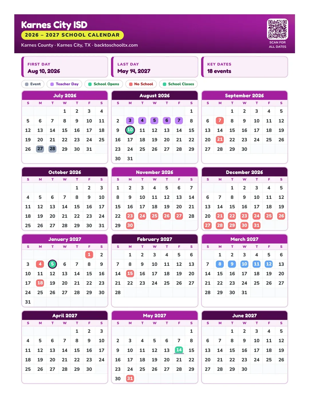 Karnes City ISD Calendar for the Year 26-27