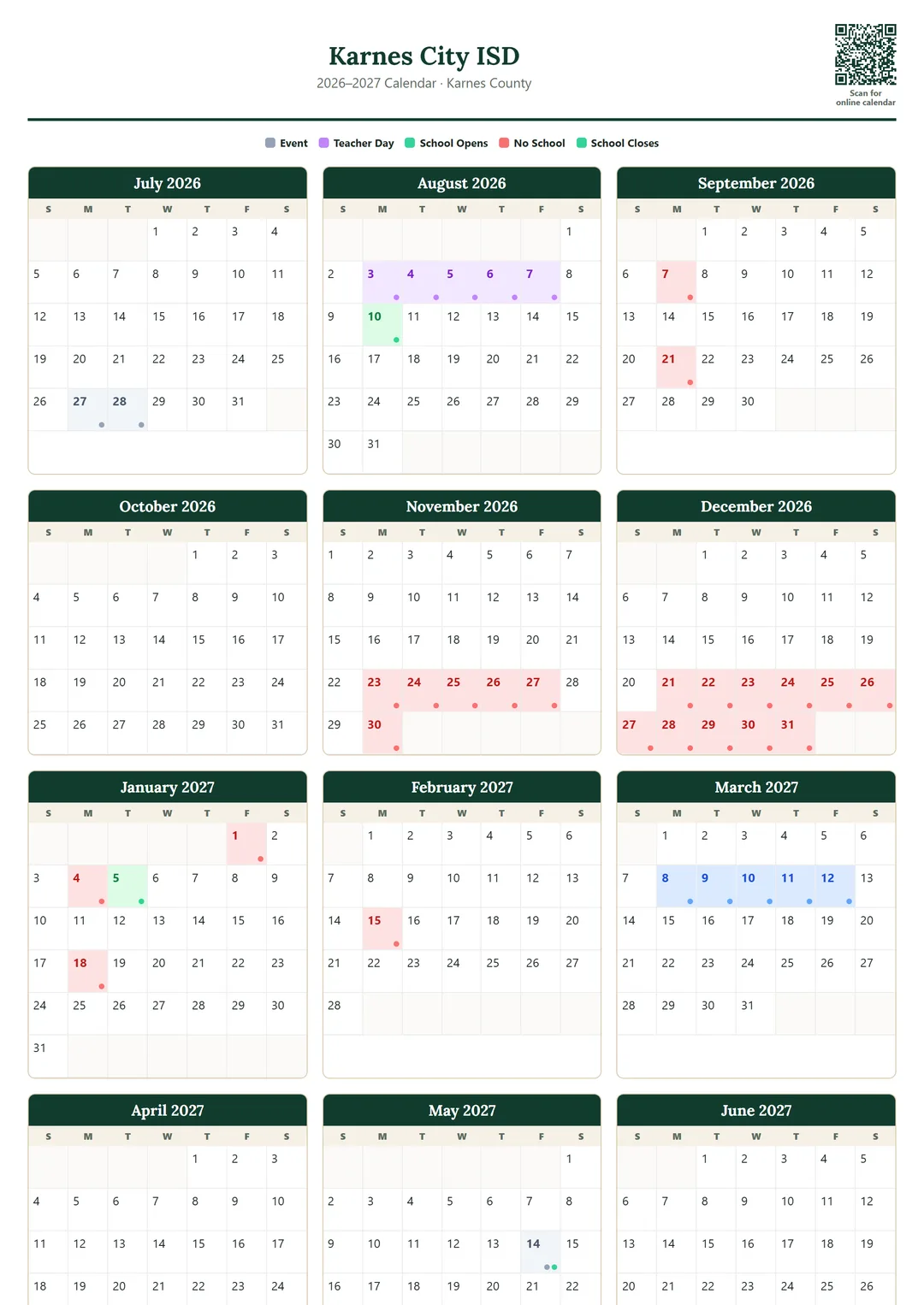 Karnes City ISD printable 2026–2027 calendar