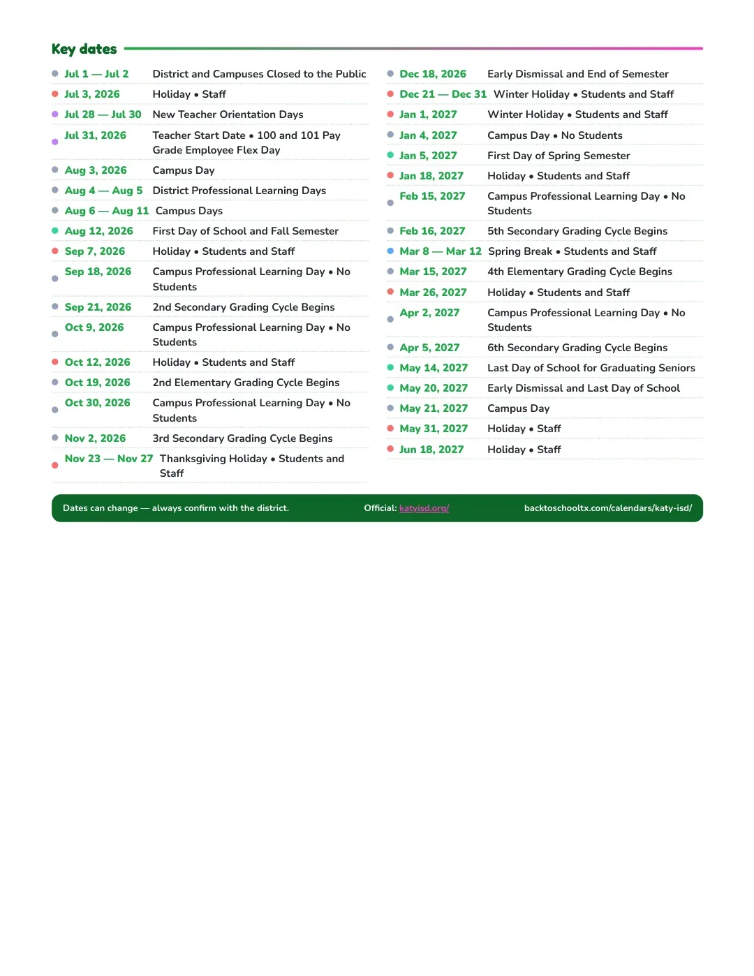 Katy ISD Calendar for the Year 26-27 — key dates