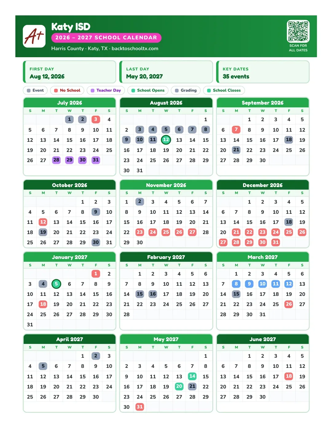 Katy ISD 2026-2027 printable school calendar, page 1 of 2