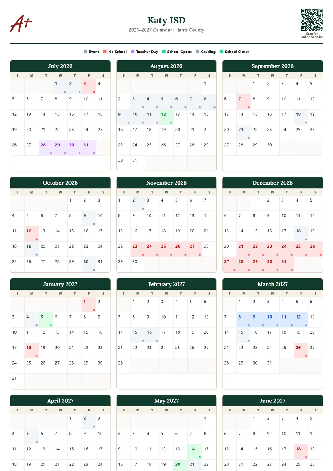 Katy ISD printable 2026–2027 calendar