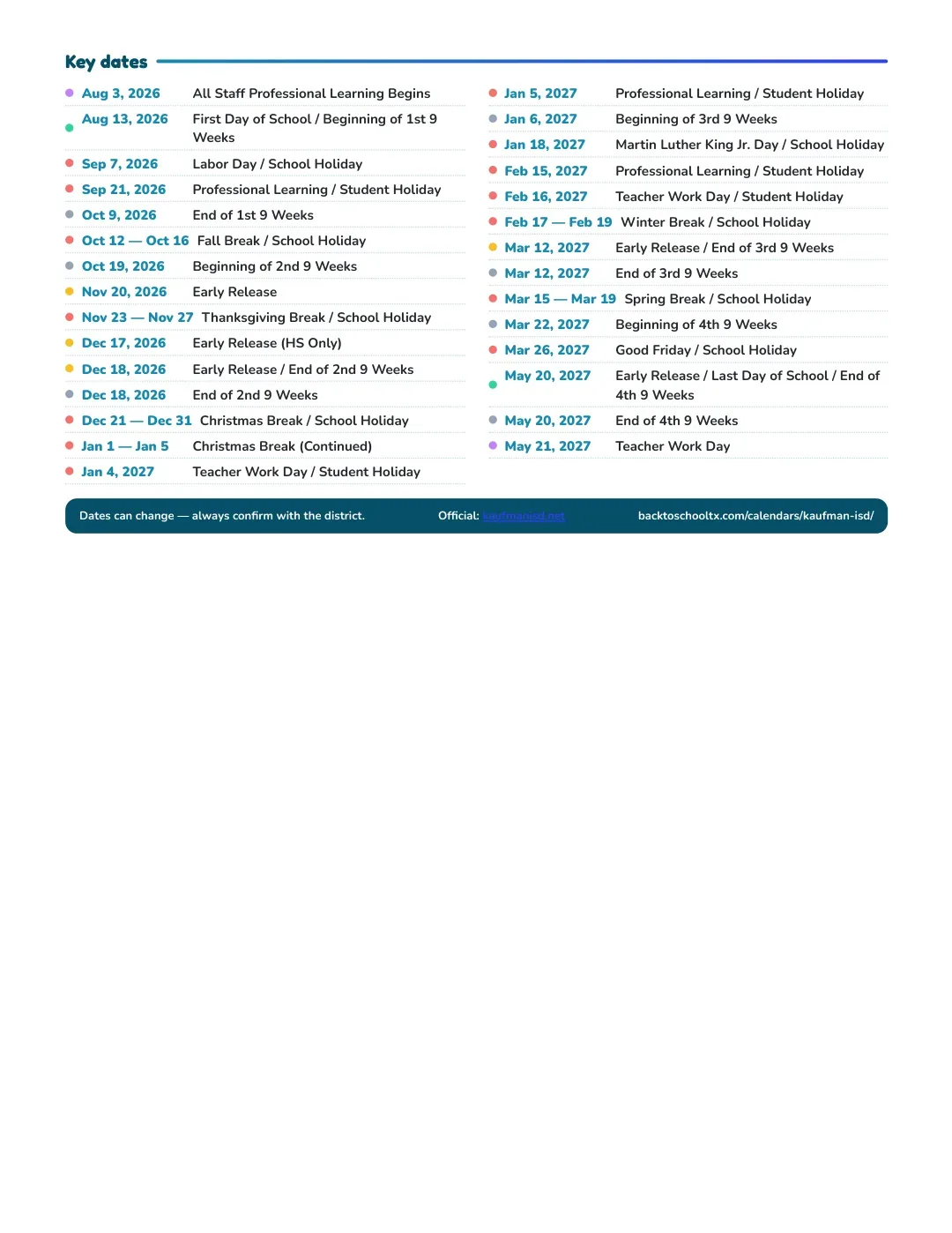 Kaufman ISD Calendar for the Year 26-27 — key dates