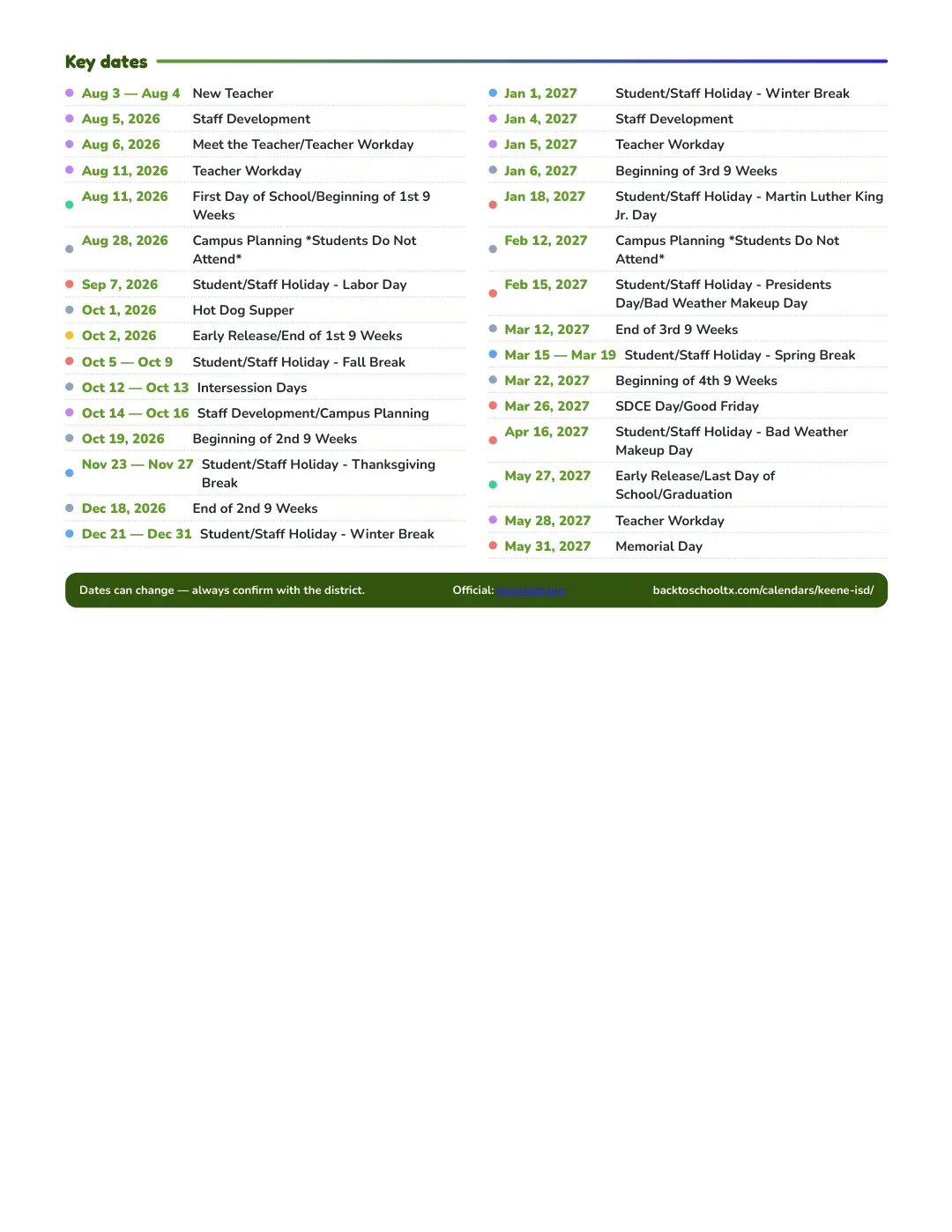Keene ISD Calendar for the Year 26-27 — key dates