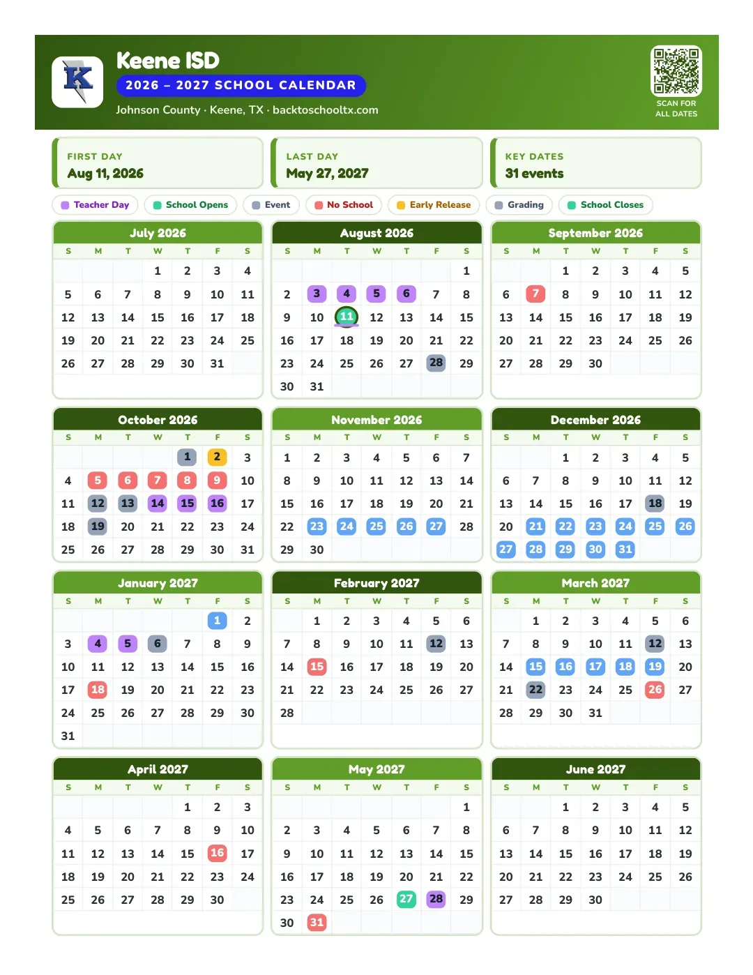 Keene ISD Calendar for the Year 26-27