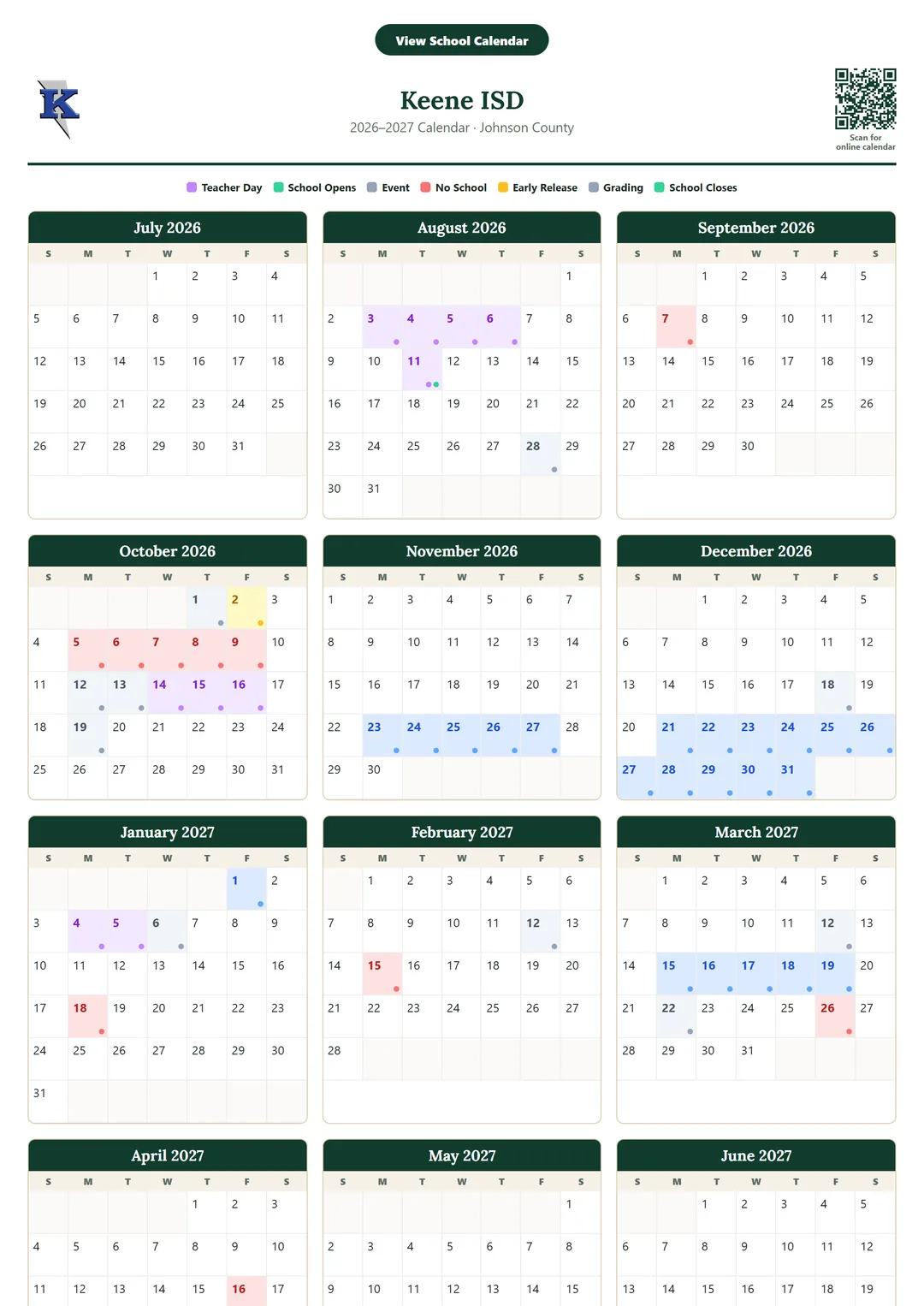 Keene ISD printable 2026–2027 calendar