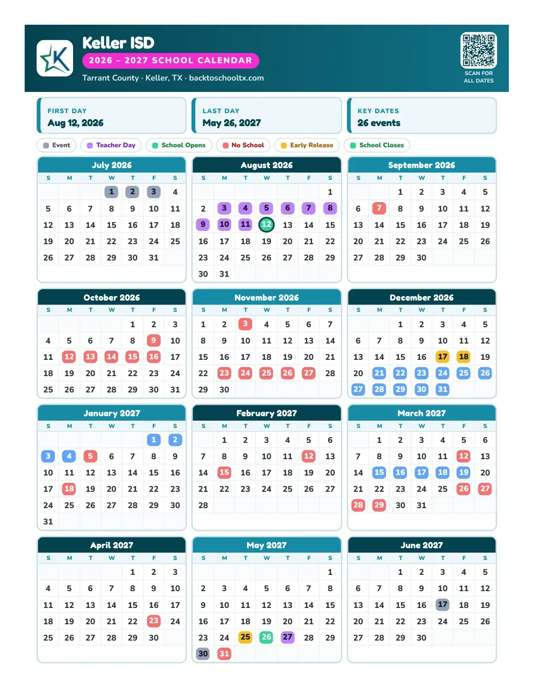 Keller ISD Calendar for the Year 26-27