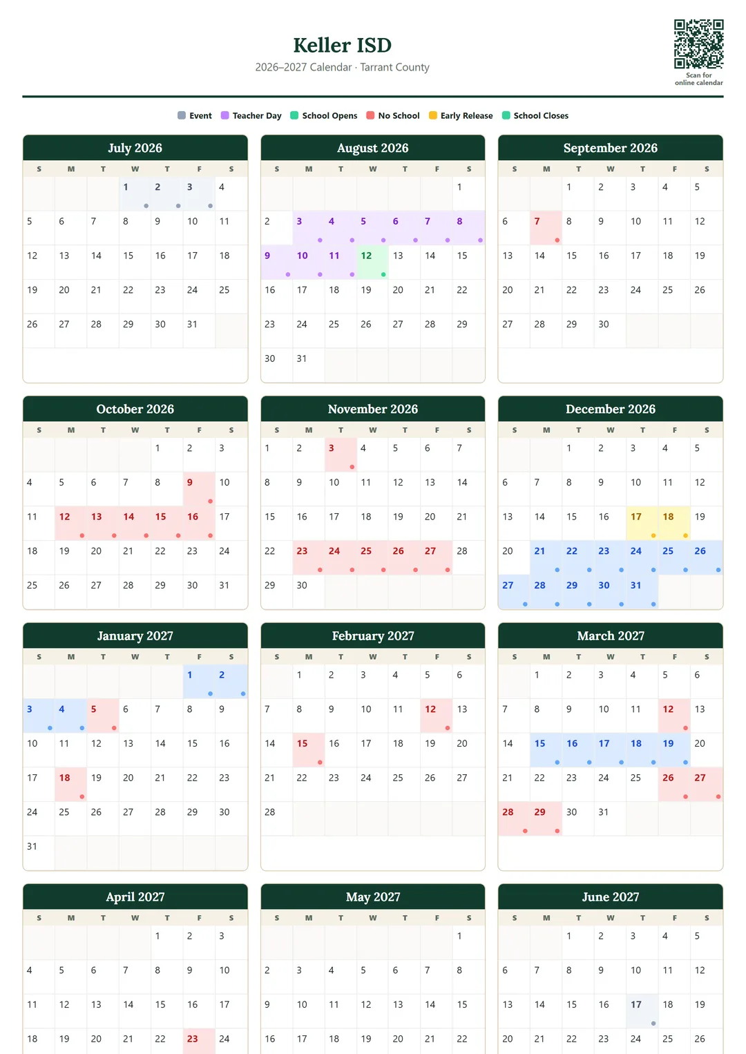 Keller ISD printable 2026–2027 calendar