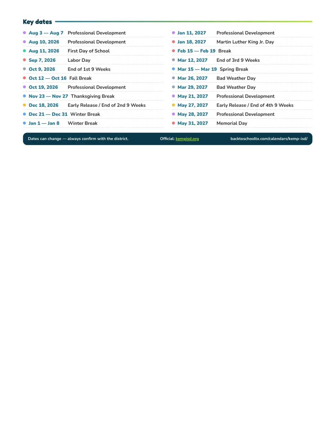 Kemp ISD Calendar for the Year 26-27 — key dates