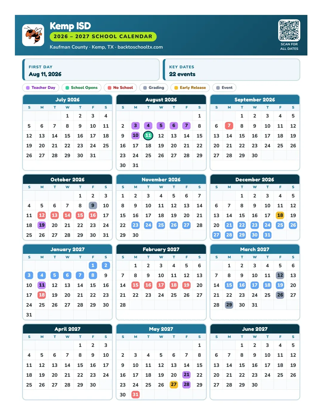 Kemp ISD Calendar for the Year 26-27