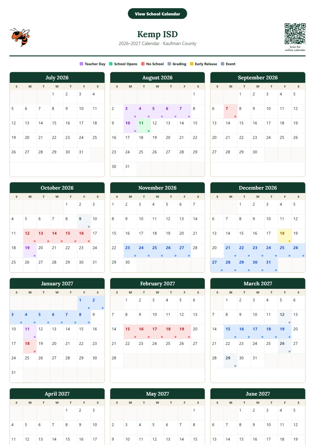 Kemp ISD printable 2026–2027 calendar