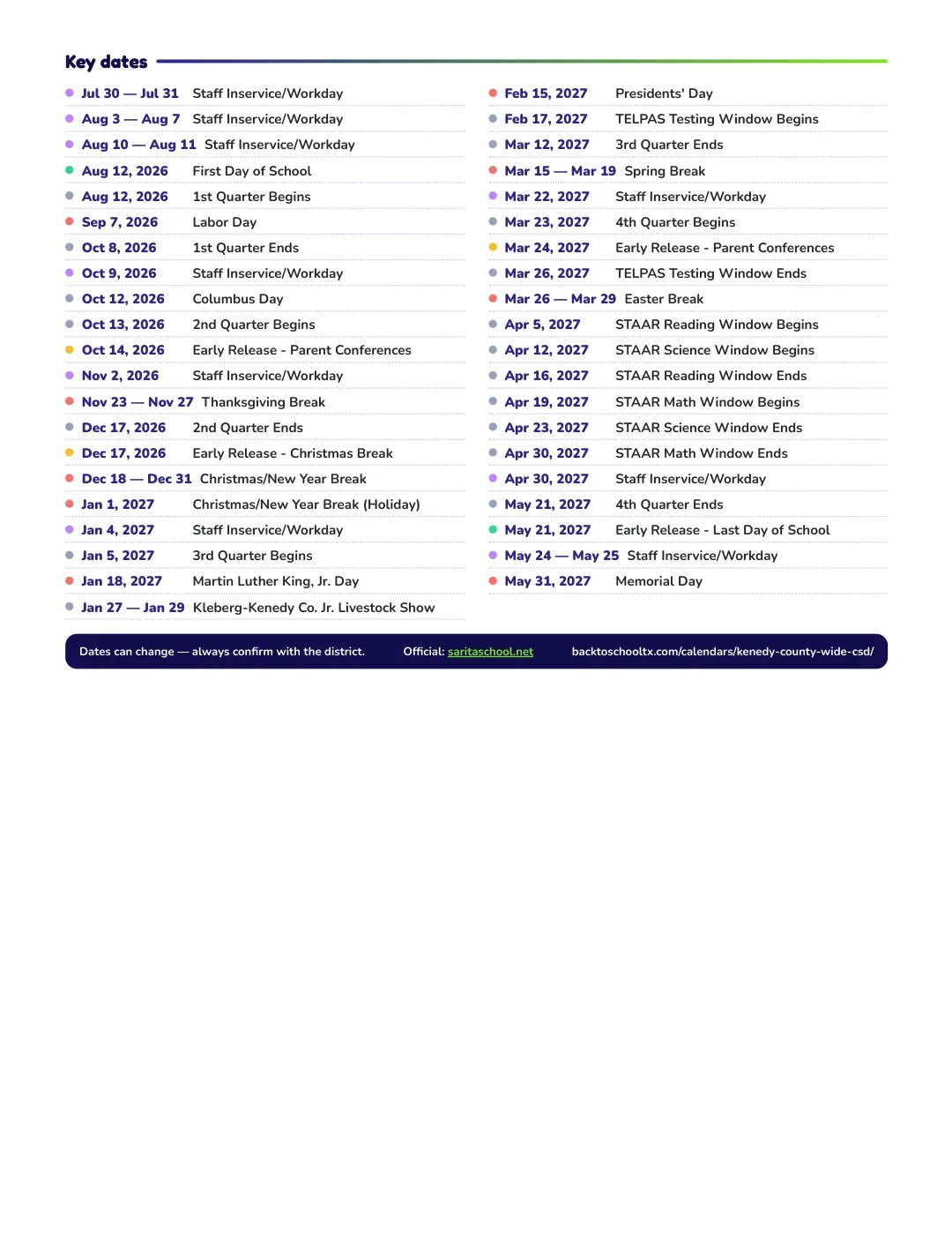 Kenedy County Wide Csd Calendar for the Year 26-27 — key dates