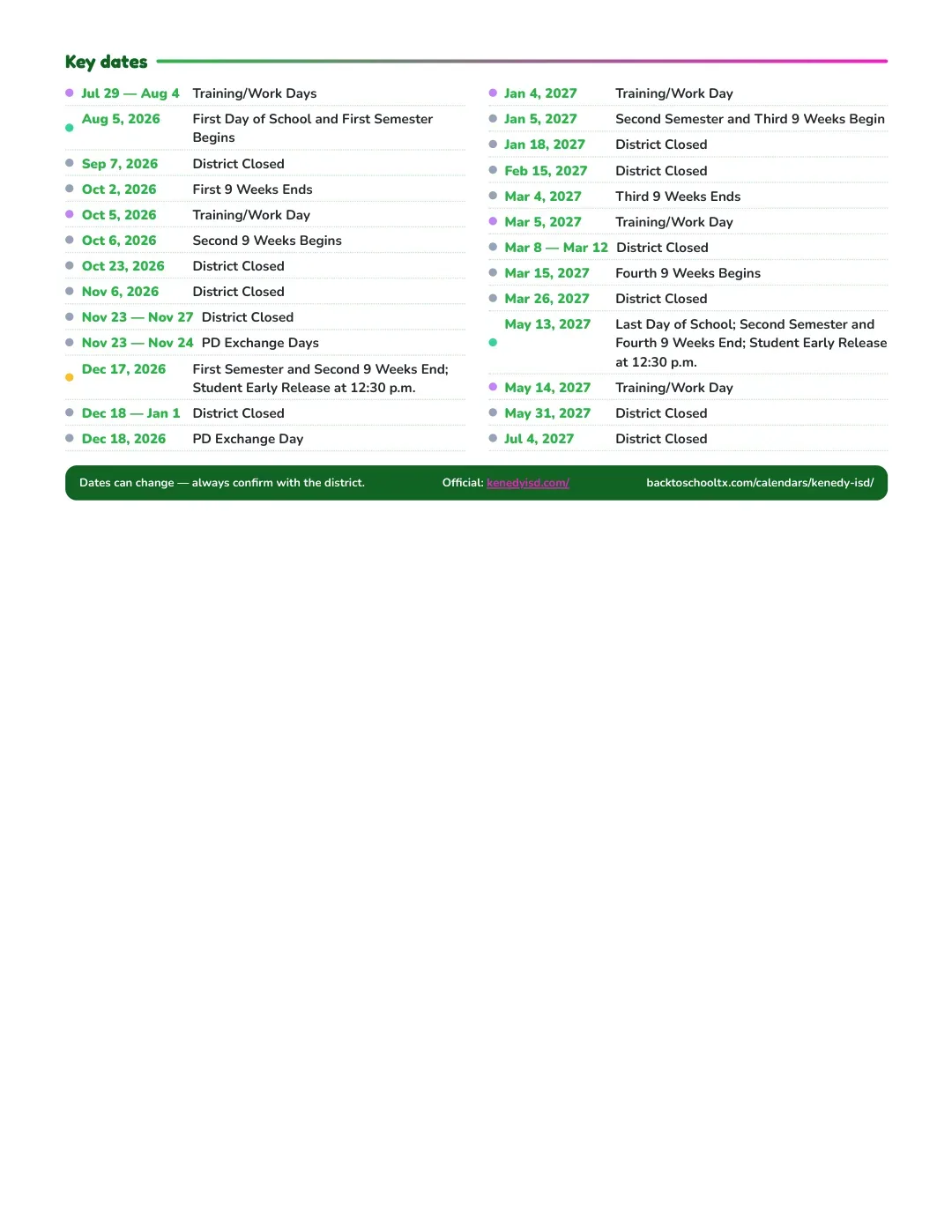 Kenedy ISD Calendar for the Year 26-27 — key dates
