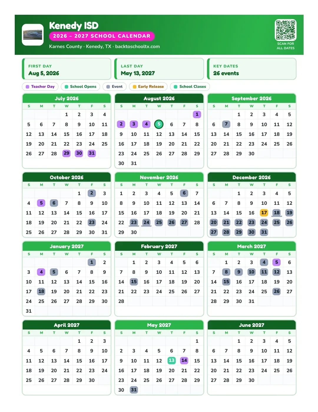 Kenedy ISD Calendar for the Year 26-27