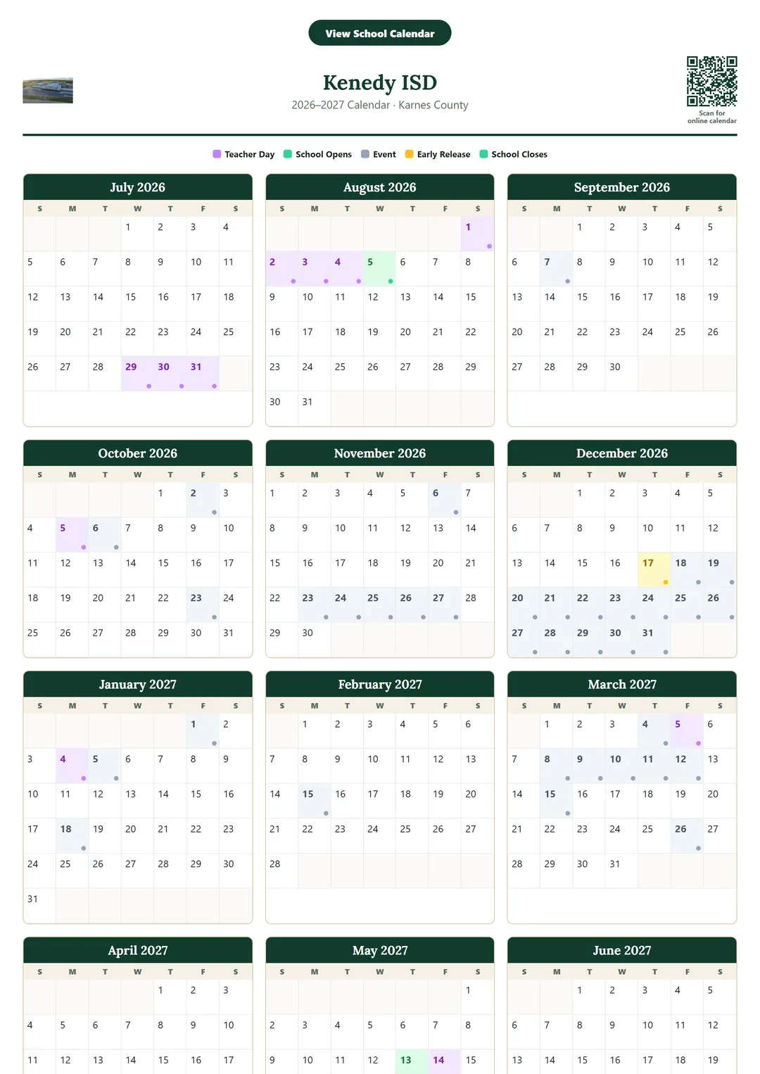 Kenedy ISD printable 2026–2027 calendar