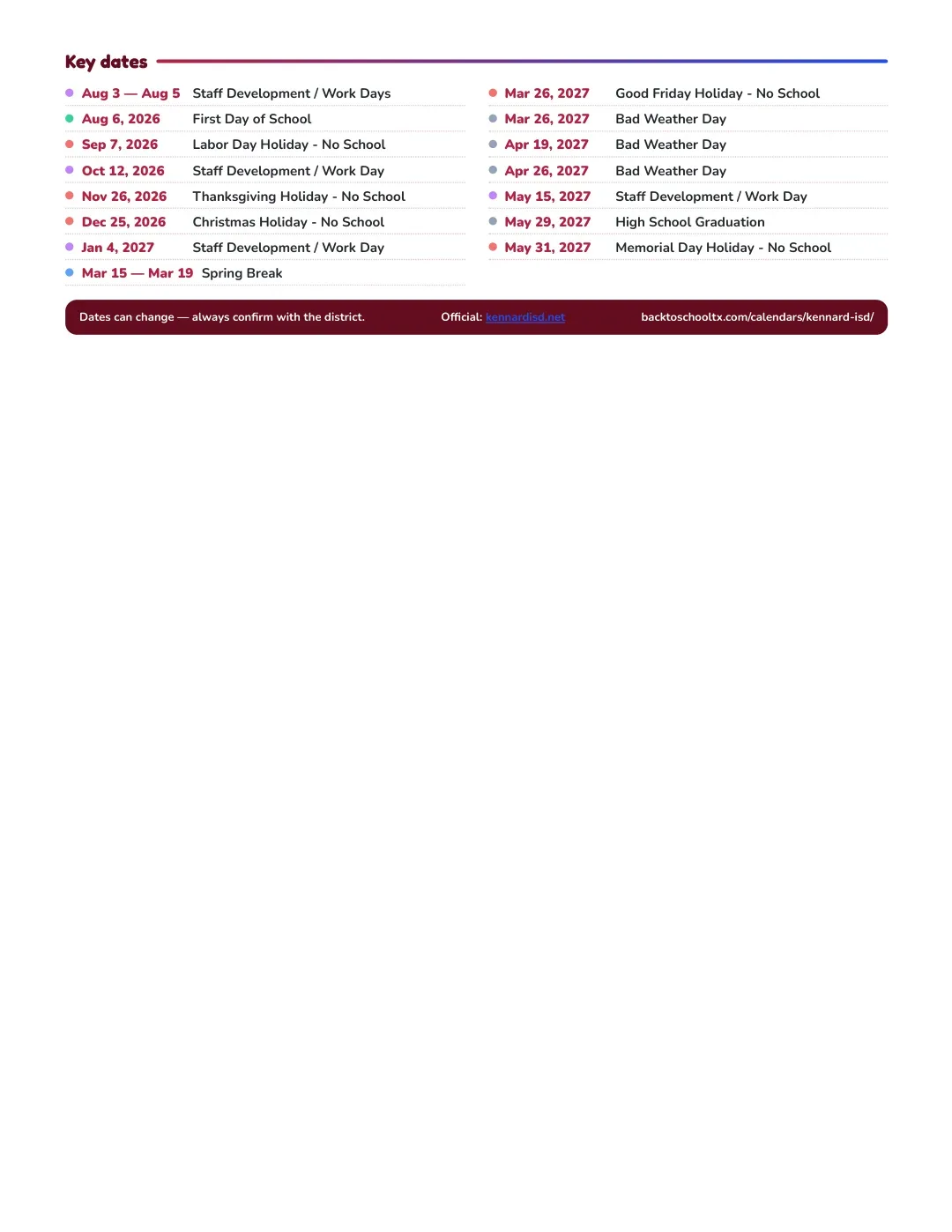 Kennard ISD Calendar for the Year 26-27 — key dates