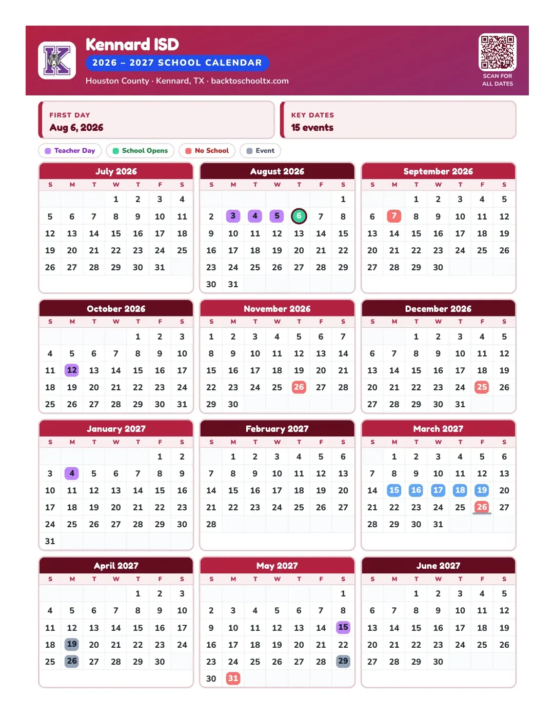 Kennard ISD Calendar for the Year 26-27