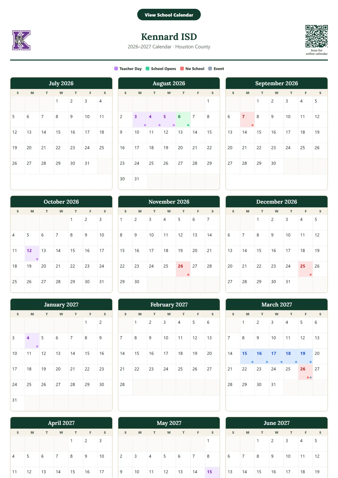 Kennard ISD printable 2026–2027 calendar