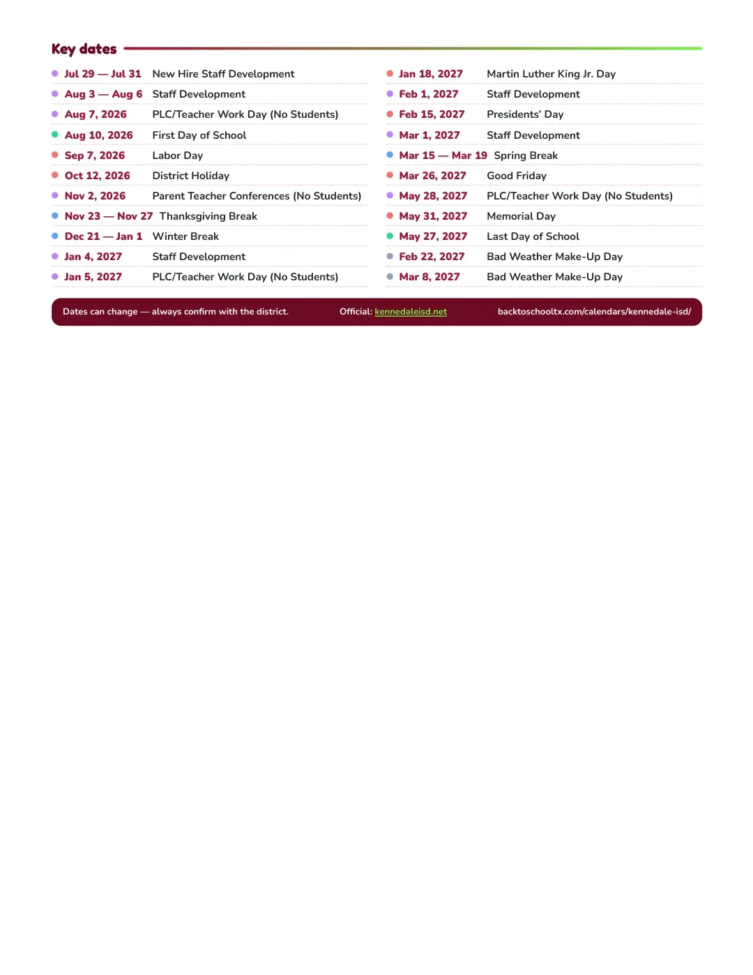 Kennedale ISD Calendar for the Year 26-27 — key dates